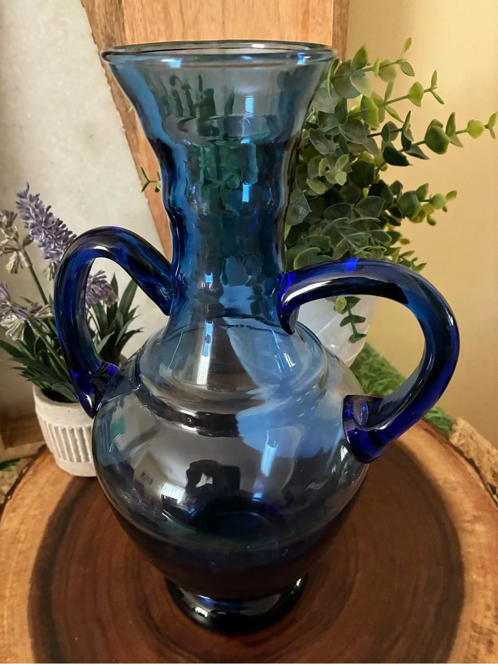 Vintage Cobalt Hand Crafted Double-Handled Blown Glass Vase
